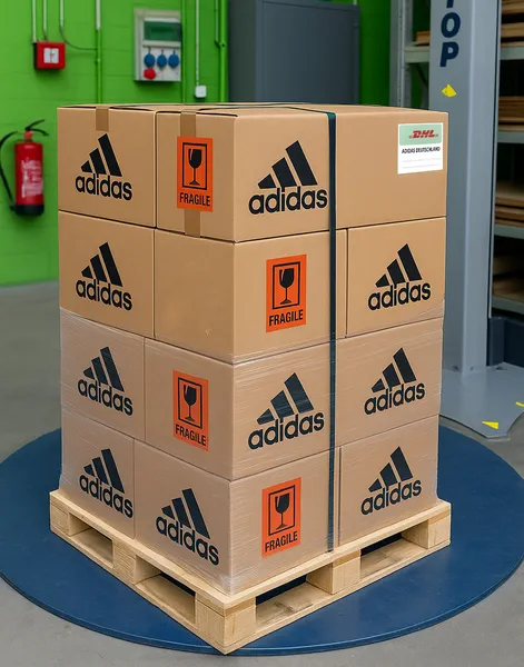 Adidas-Versandkartons auf Palette – Fulfillment und Versandlogistik X-Press Druckerei Berlin